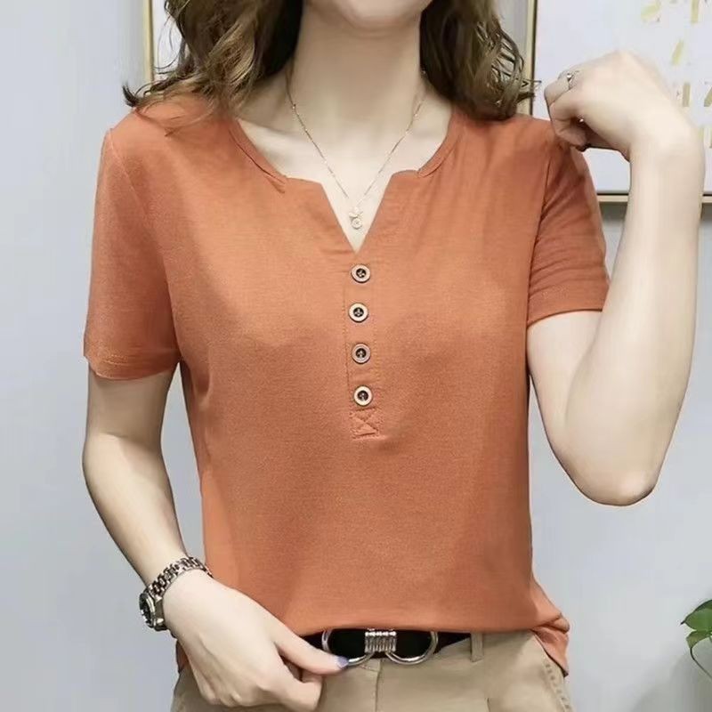 เสื้อยืดแขนสั้นผู้หญิงฤดูร้อนสไตล์ใหม่ยืดหลวม Slimmer ดู All-Match สวมใส่ด้านนอก V คอ