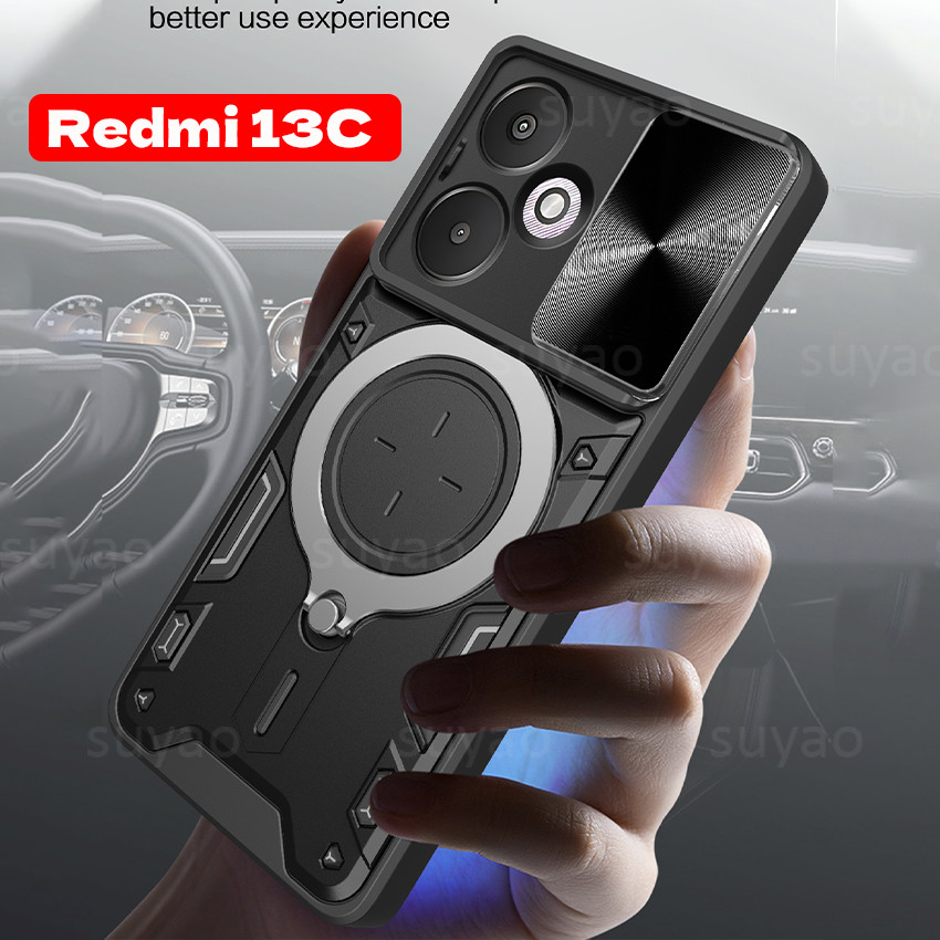 สําหรับ Xiaomi Redmi 13C 5G 4G 2024 Poco C65 เคสโทรศัพท์ขาตั้งแหวนปลอกเกราะกล้อง Redmi13C PocoC65 กันกระแทกกันชนรถวงเล็บสไลด์ Soft TPU Edge ฝาครอบเลนส์