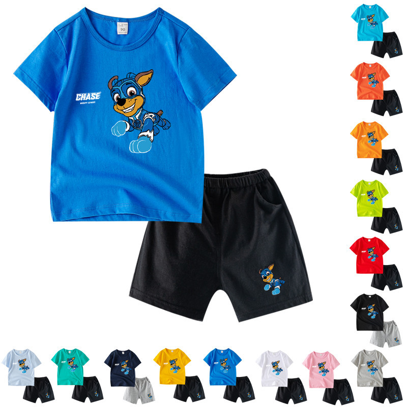 เสื้อยืดผ้าฝ้ายสำหรับเด็ก + กางเกงขาสั้นชุด Paw Patrol "Chase" เสื้อผ้าแฟชั่นการ์ตูนชุดสำหรับเด็กผู้ชาย NS009