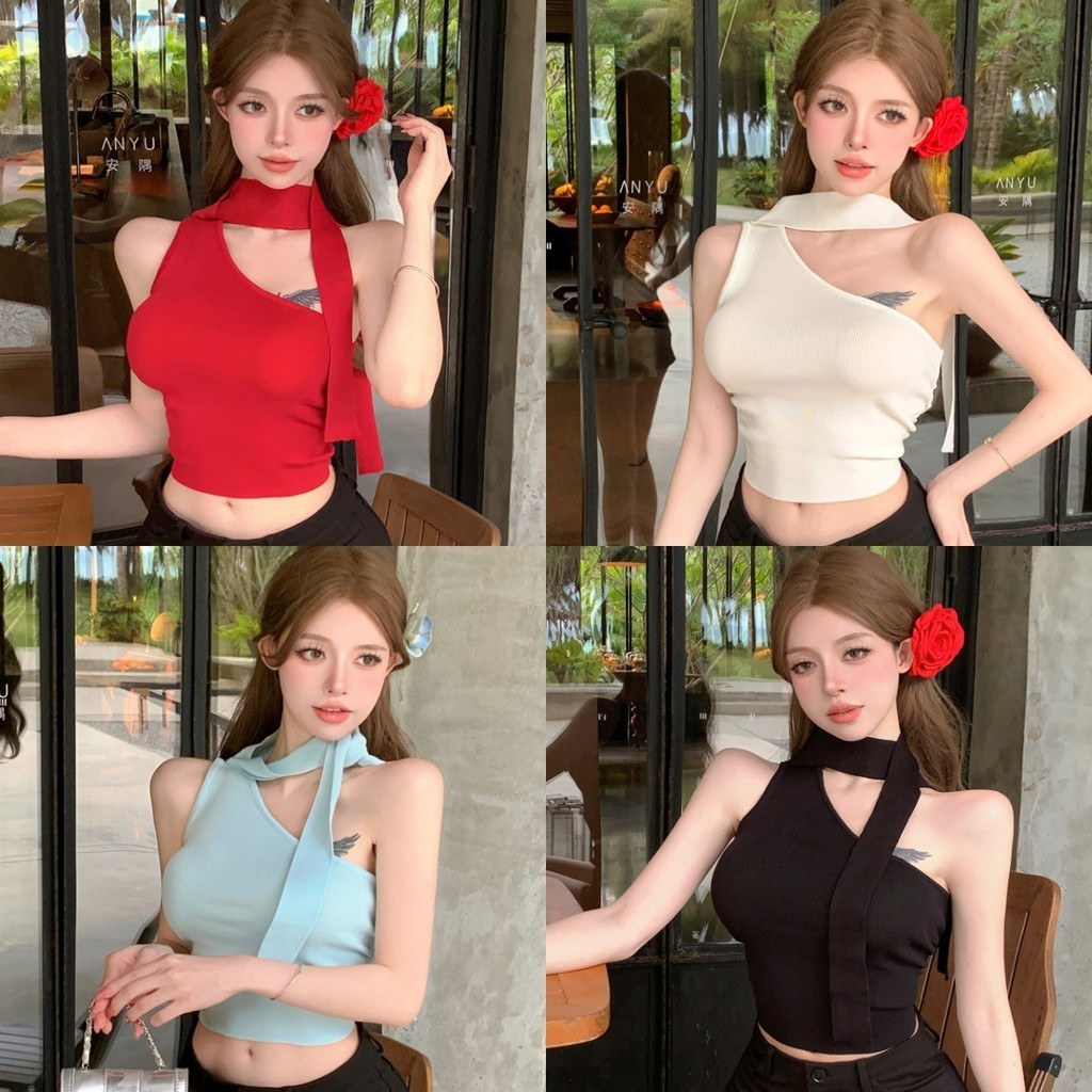 Anne เสื้อคล้องคอ สายผูกพาดคอ ถัก ยืด แขนกุด เสื้อกล้าม เซ็กซี่เก๋ #ZYK83