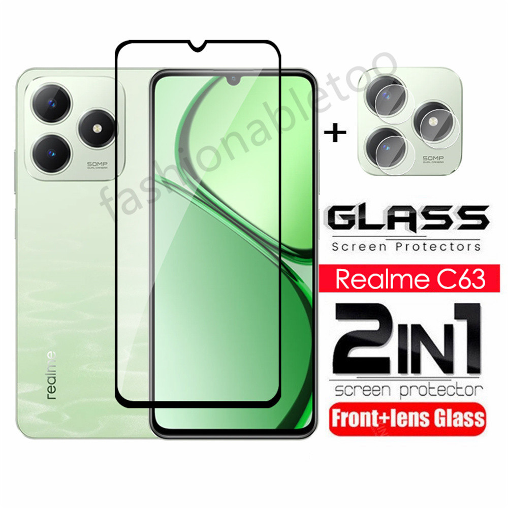 2 in 1 ป้องกันหน้าจอกระจกนิรภัยฟิล์มสําหรับRealme C75 C63 C61 C65 C67 C51 C53 C55 Note50 C 75 C 63 RealmeC75 RealmeC63 กล้องกลับเลนส์ป้องกันกระจกคลุมทั้งหมดฟิล์มด้านหน้า