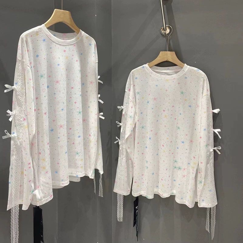 พู่โบว์สตาร์พิมพ์เสื้อยืดแขนยาวสําหรับการออกแบบแบบบางสําหรับฤดูร้อนใหม่ของผู้หญิงเสื้อกันแดดแฟชั่น