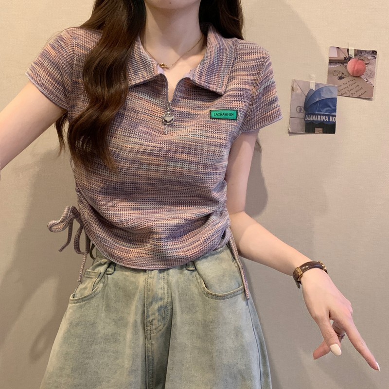 Kii Wii ฤดูร ้ อนเกาหลีครึ ่ งซิปโปโลคอสั ้ น Drawstring จีบเสื ้ อยืดแขนสั ้ นผู ้ หญิง 240604