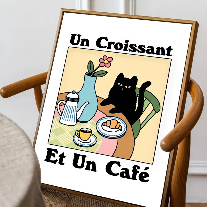 1pc แมวตลกดอกไม้โต๊ะรับประทานอาหารครัวซองต์ Et Cafe โปสเตอร์ Wall Art ภาพวาดผ้าใบพิมพ์ภาพ Gallery ห้องนั่งเล่นตกแต่งบ้าน