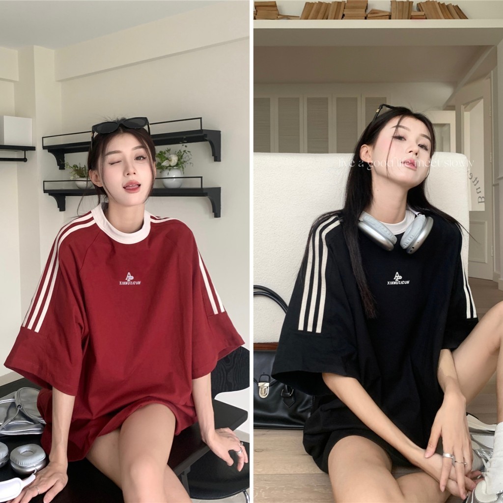 Hotgirl พร้อมส่ง✨เสื้อยืดผู้หญิง เสื้อเกาหลี ลําลอง โอเวอร์ไซส์ แขนสั้น พิมพ์ลาย ย้อนยุค ตัวอักษรสามแถบ สไตล์เกาหลี oversize