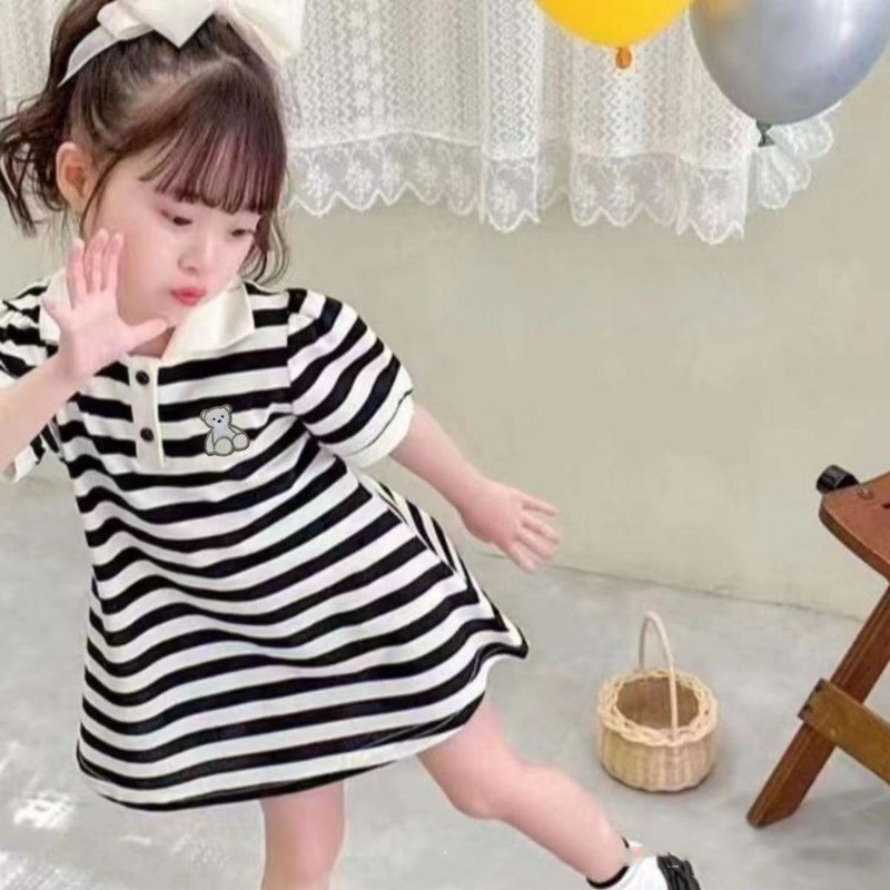 ชุดเดรสโปโล แขนสั้น ลายทาง แฟชั่นสําหรับเด็กผู้หญิง อายุ 1-10 ปี