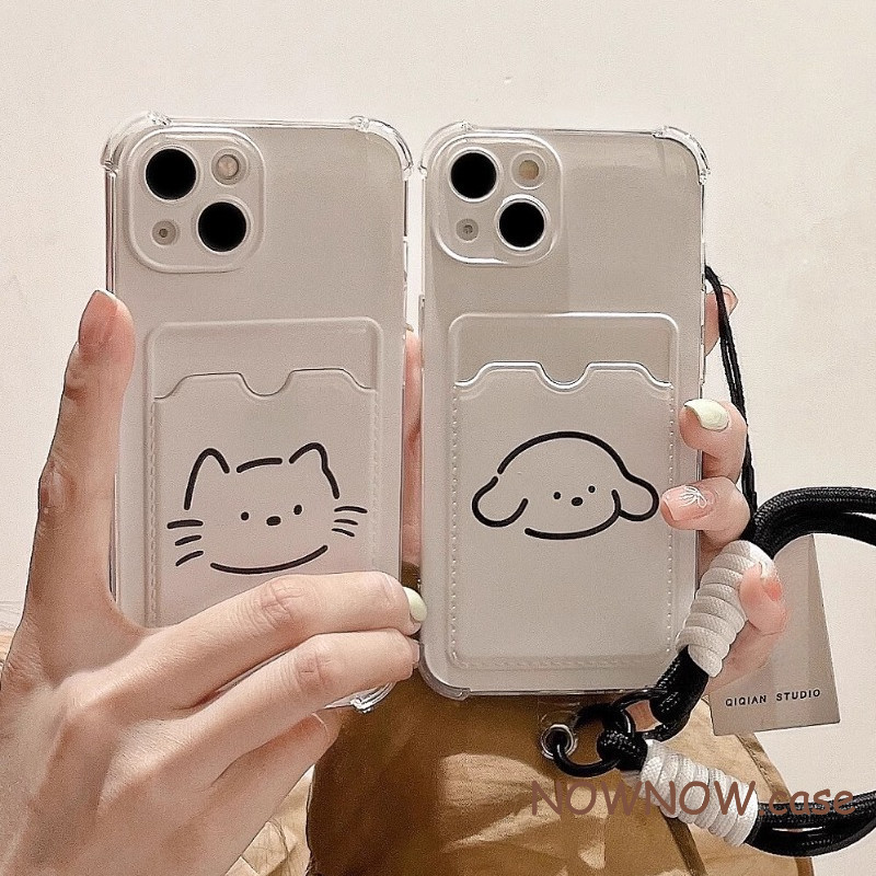 Ins การ์ตูนน่ารักสายแมวและสุนัขเหมาะสําหรับ IPhone 15 14 13 12 11 Pro Max X XR XS Max 7 8 Plus คู่กระเป๋าเคสโทรศัพท์สายรัดข้อมือ Anti Loss