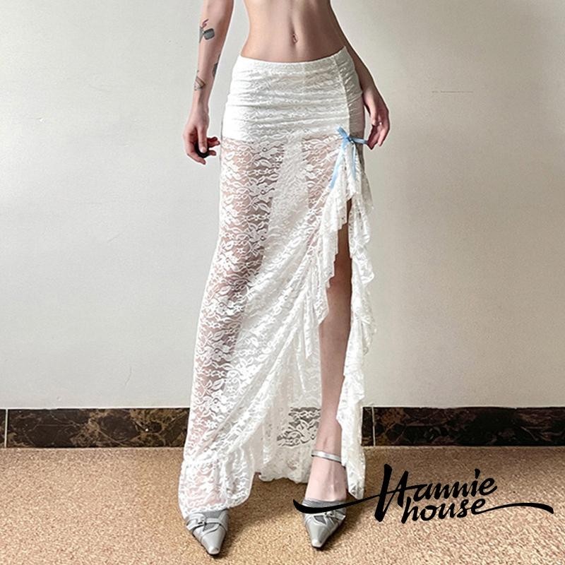 Hanie House- กระโปรงสตรี Ruffle Hem Slim Sheer ดอกไม้