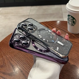 สําหรับ iPhone 11 12 13 14 Pro 15 Max Plus Deluxe Glitter Magnetic Clear กันกระแทก TPU Soft Case