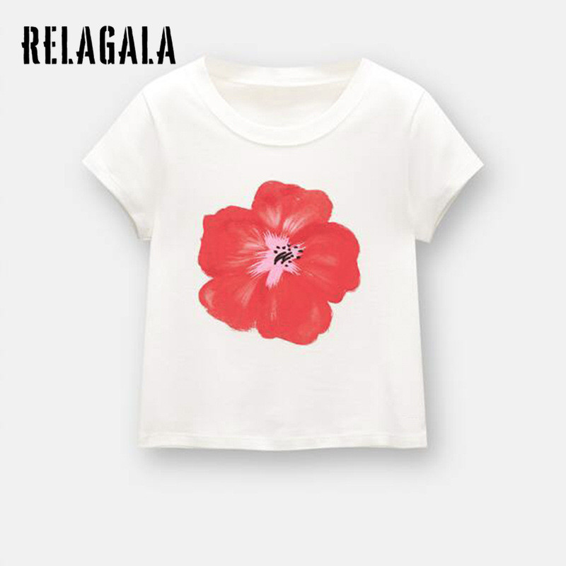 Relagala Womens 2024 ใหม่แฟชั่นเซ็กซี่พิมพ์สั้นเปิดปุ่มลูกเรือคอเสื้อยืด