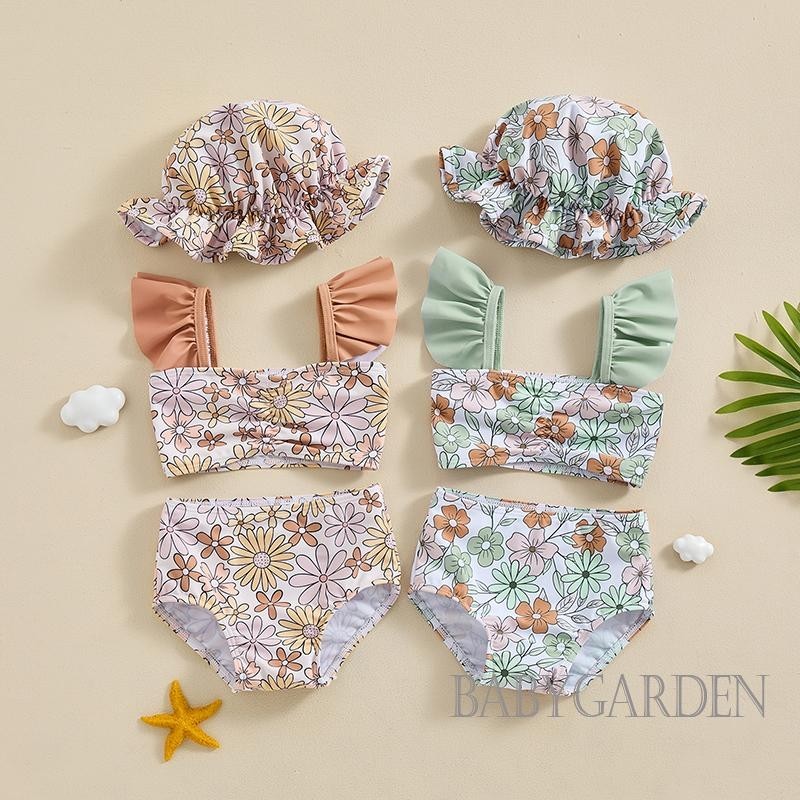 Baga-0-3years เด็กทารกชายหาด 3 ชิ้นชุดว่ายน้ําดอกไม้พิมพ์ Flying Sleeve Tops กางเกงขาสั้นหมวกชุดว่าย