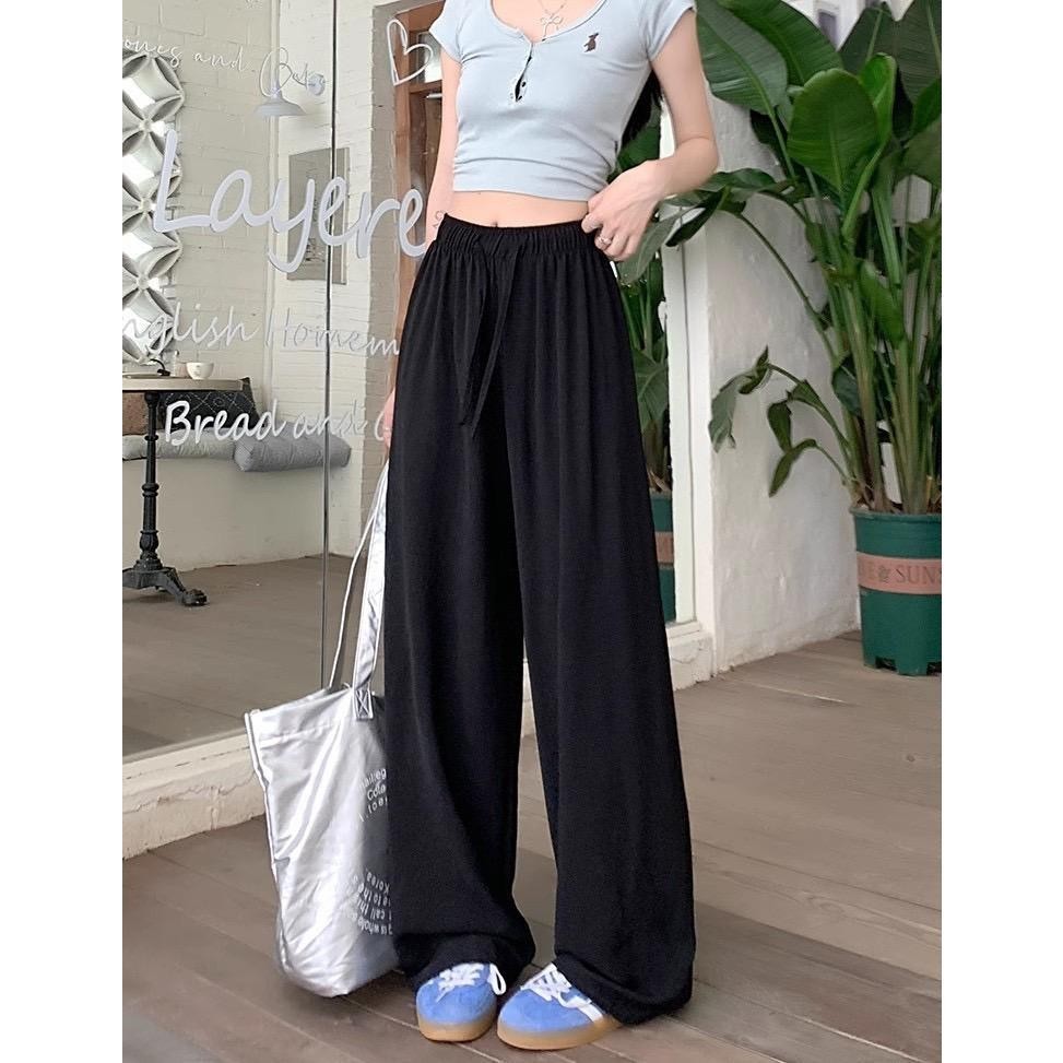 กางเกงขายาว ผู้หญิง ลำลอง ทรงกระบอก แฟชั่สไตล์เกาหลี เอวยางยืด ไม่มีกระเป๋าข้าง ทรงสวย แมทช์ได้หลายชุด Size M-2XL - รูปที่ 2