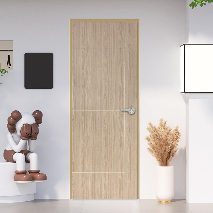 GlobalHouse Holztur ประตู WPC รุ่น WM02 แผ่นเรียบเซาะร่อง  ขนาด 80x200 ซม. สีเบจไพน์  (เจาะลูกบิด) ส