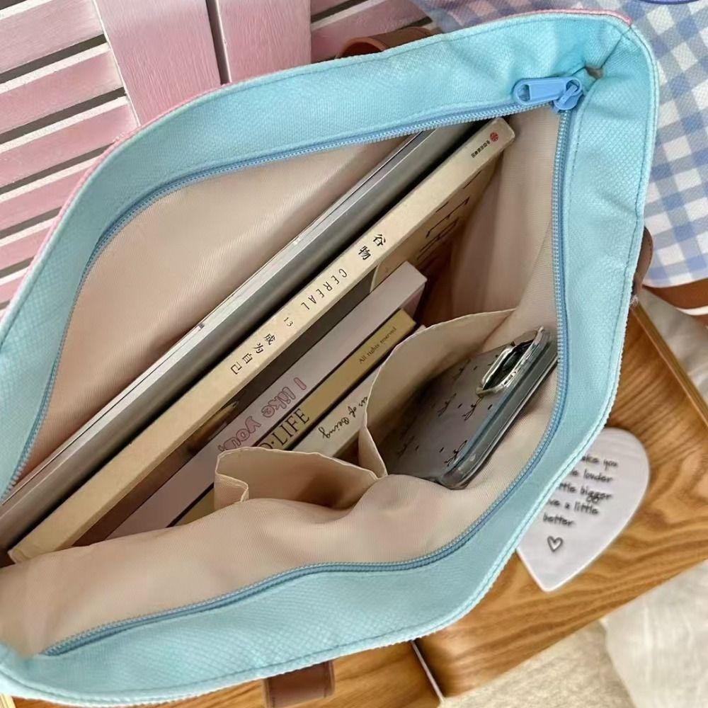 กระเป๋าโท้ต BASTIBAG, กระเป๋าสะพายลายการ์ตูน Kuromi โพลีเอสเตอร์, กระเป๋าถือนักเรียนสีตัดกันลายสก๊อตความจุขนาดใหญ่ Kawaii
