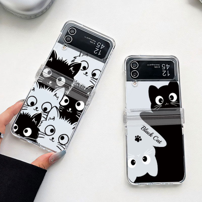 การ์ตูนสัตว์แมวน่ารักเคสโทรศัพท์สําหรับ Samsung Galaxy Z Flip 6 5 4 3 กันกระแทกโปร่งใสพับ Hard PC สําหรับ Samsung Z Flip5 Flip4 Flip3 Flip6 กรณี