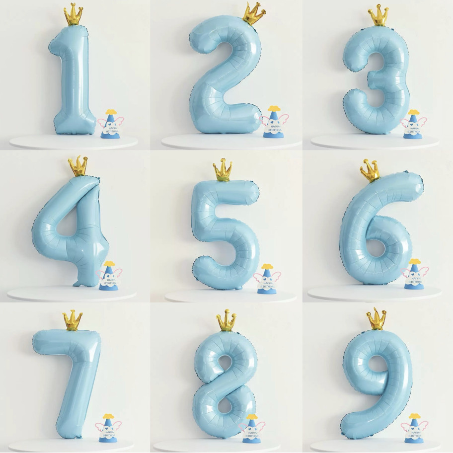 ลูกโป่งตัวเลขขนาด 40 นิ้ว ตกแต่งมงกุฎสีน้ำเงิน สำหรับงานเลี้ยงวันเกิดครั้งแรกของเด็ก ตกแต่งฉากอลูมิเนียมฟอยล์ ตกแต่งงานเลี้ยงวันเกิด ลูกโป่งงานเลี้ยงวันเกิด