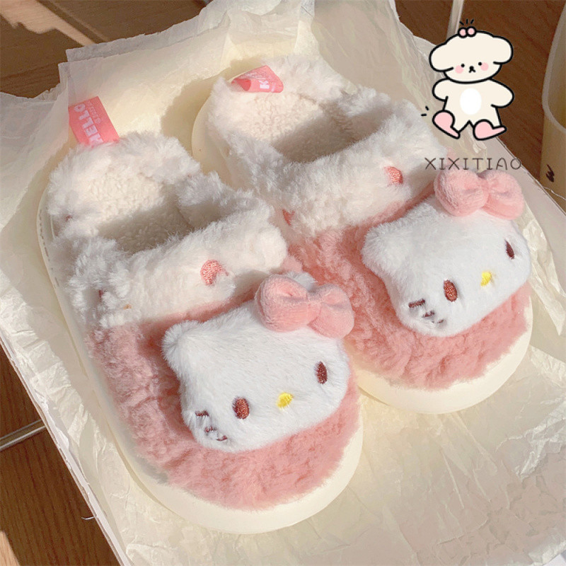Xitiao Sanrio Hello Kitty รองเท้าแตะผ้าฝ้ายอุ่นตุ๊กตานักเรียนหญิงบ้านห้องนอนนุ่มสบายแต่เพียงผู้เดียว