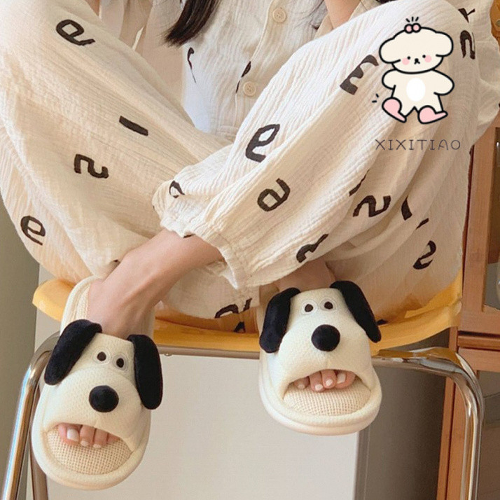 Xitiao น่ารัก Big-Eared Dog Soft-Soled ผ้าลินินสุภาพสตรีการ์ตูน Four Seasons Stepping on Shit รองเท้าแตะ
