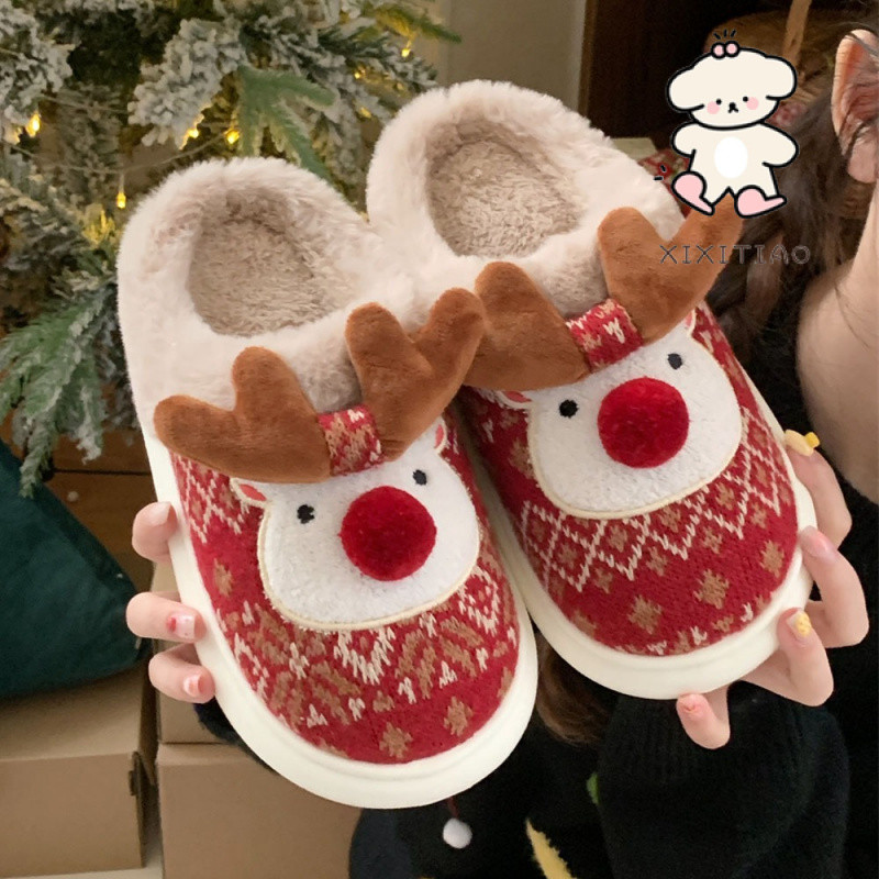 Xitiao Christmas Day Elk Warm Fashion Home Soft-Soled รองเท้าแตะผ้าฝ้ายหญิงฤดูหนาวสนุกการ์ตูน Furry