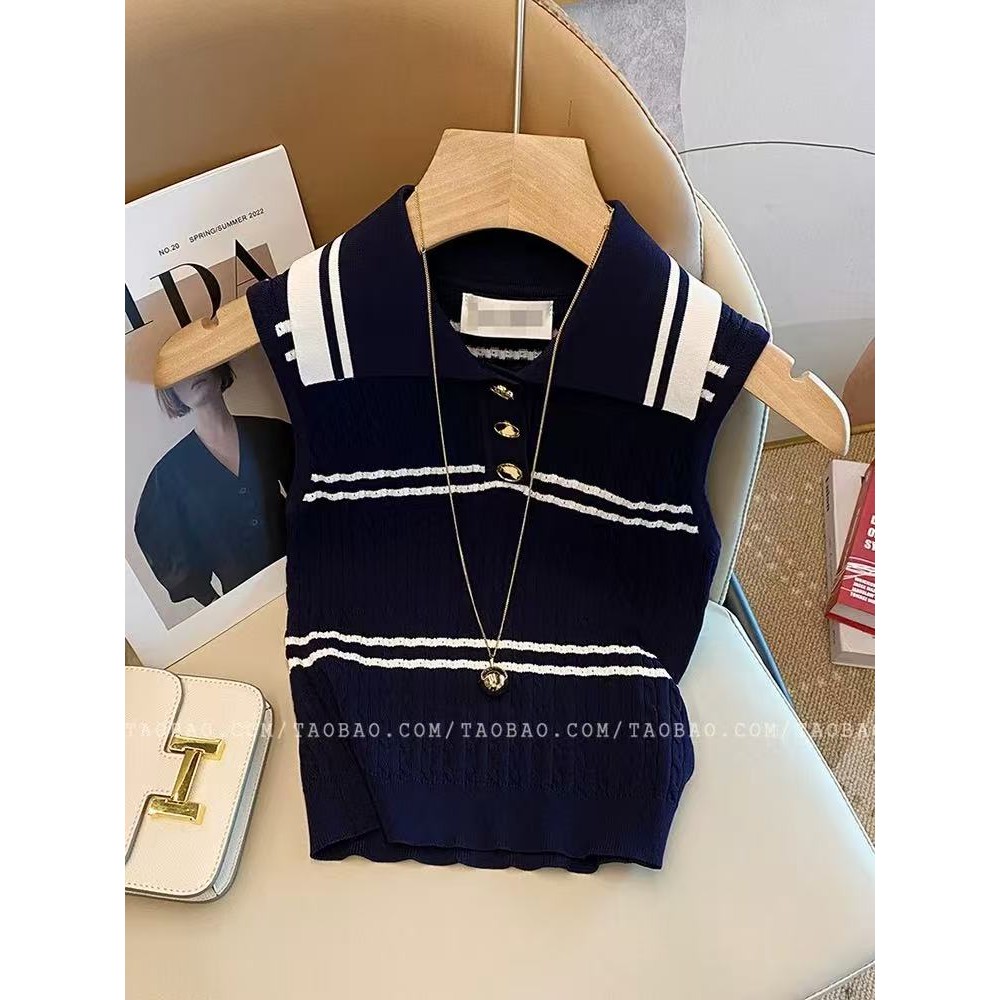Niche POLO COLLAR Contrast สีลายแขนกุด Camisole ผู้หญิง 2025 ฤดูใบไม้ผลิฤดูร้อนแฟชั่นลดคอ Slim-fit 6