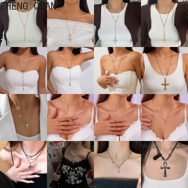 แฟชั่นพู่สร้อยคอฮิปฮอป Rhinestone Cross สร้อยคอผู้หญิง Vintahe เครื่องประดับของขวัญ Punk
