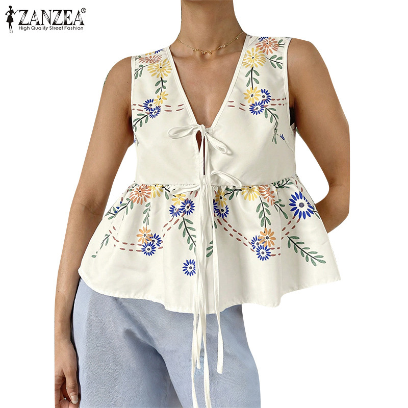Zanzea ผู้หญิงลําลองคอวีแขนกุดสายรัด Flora พิมพ์หลวมเสื้อกล้าม