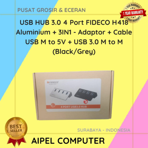 ชม.418 | USB HUB 3.0 4 Port FIDECO H418 อลูมิเนียม + 3IN1 - อะแดปเตอร์ + สาย USB M to 5V + USB 3.0 M