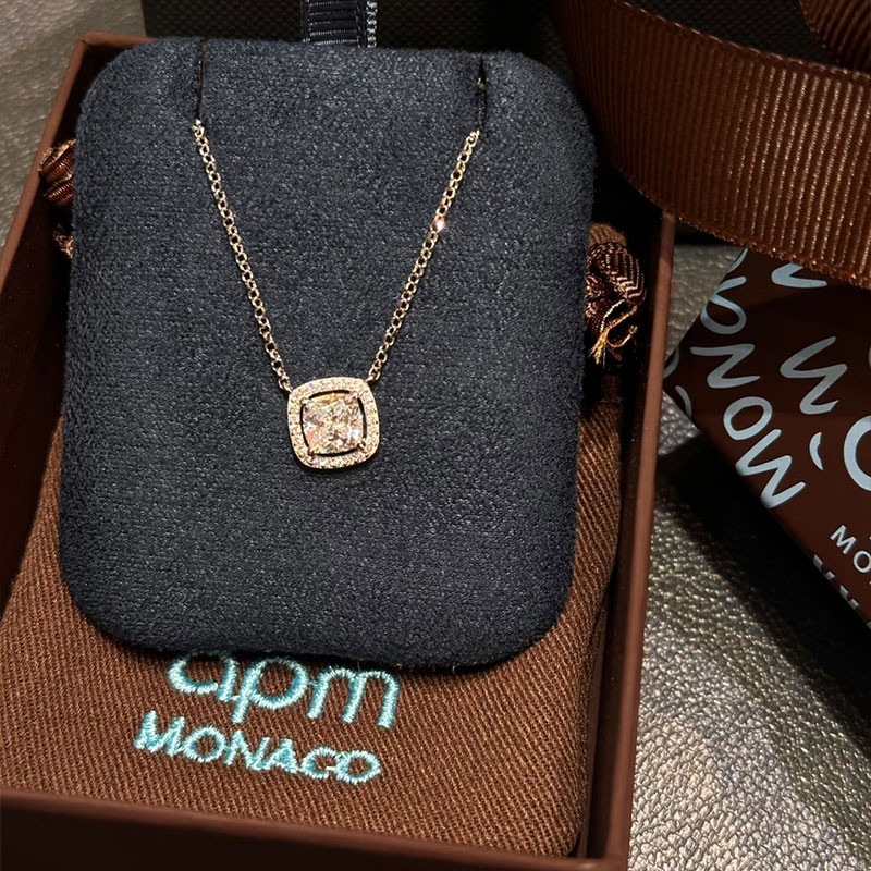 APM Monaco Small Cube Sugar Necklace Square Diamond Pendant 925 Silver Clavicle Chain