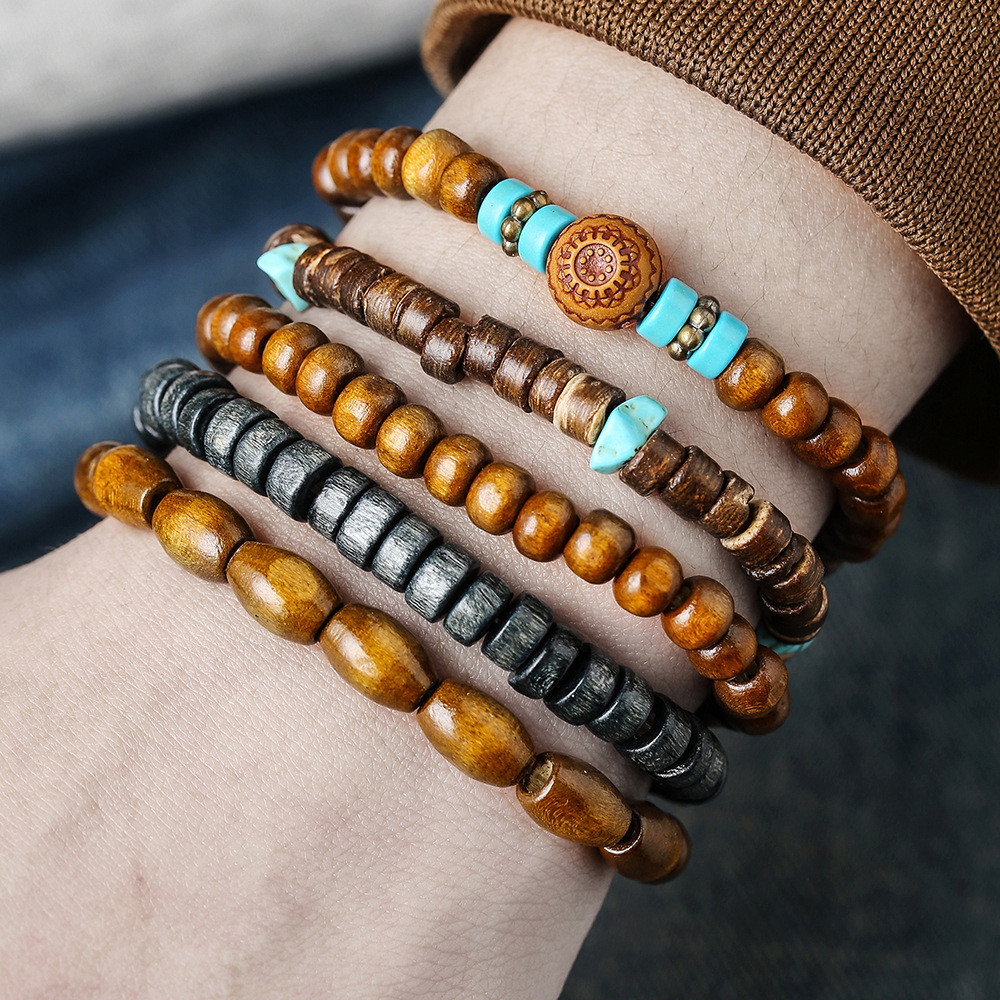 5ชิ้นที่เรียบง่ายไม้ลูกปัดสร้อยข้อมือสําหรับผู้ชายผู้หญิงแฟชั่นสายรัดข้อมือยืดหยุ่นของขวัญเครื่องประดับ