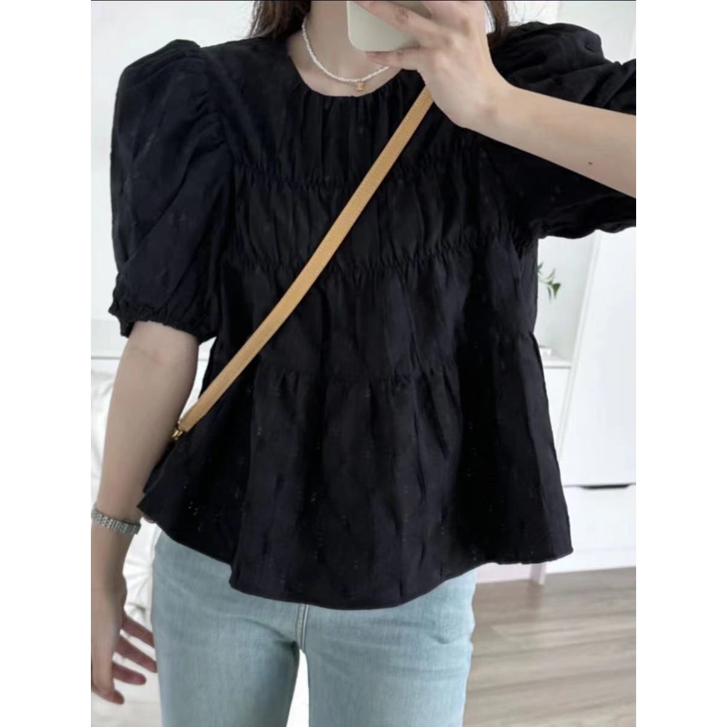 ท็อปแขนสั้นสไตล์เกาหลี หวาน ขนาดเล็ก อารมณ์ ลายแอปริคอท สำหรับผู้หญิง ดีไซน์ฤดูร้อน เสื้อตุ๊กตาแขนสั