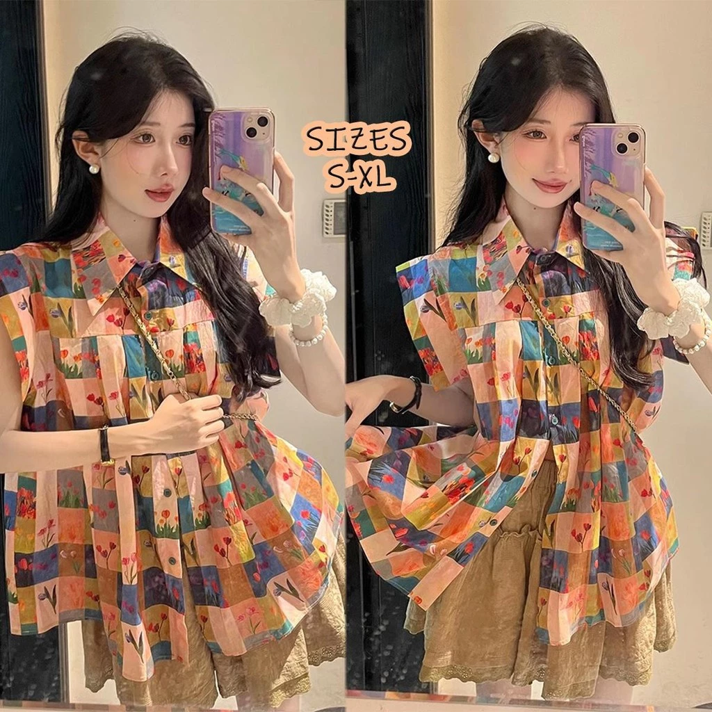 Chili Koko เสื้อเชิ้ตทรงหลวมแขนสั้นลายดอกไม้สไตล์ฝรั่งเศส w579