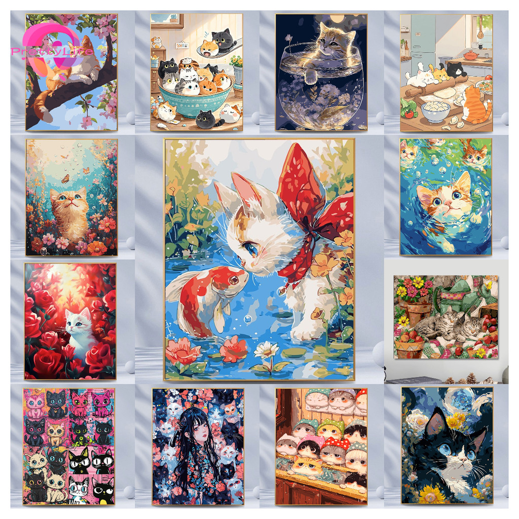 PL การ์ตูนน่ารักแมว 5D DIY ภาพวาดเพชร/ระบายสีตัวเลข ภาพสีน้ํามันดิจิตอลคริสตัลปักครอสติสเพชรโมเสคชุดเย็บปักถักร้อย Rhinestone ตกแต่งบ้าน 30x40 ซม.