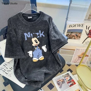 COD✅(จัดส่งตลอด 24 ชั่วโมง)เสื้อยืดฟอกขาว Printed T-shirt ลายการ์ตูนน่ารักหลวม คอกลม ทรงหลวม Cotton100%