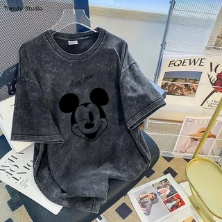 COD✅(จัดส่งตลอด 24 ชั่วโมง)เสื้อยืดฟอกขาว Printed T-shirt ลายการ์ตูนน่ารักหลวม คอกลม ทรงหลวม Cotton100%
