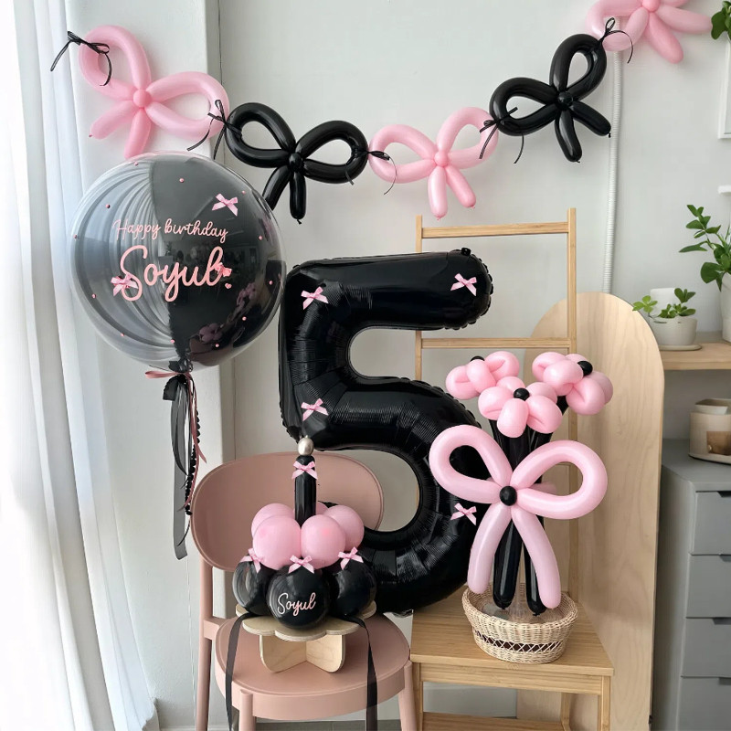 45 ชิ้น/แพ็คสีชมพูสีดํา Bowkont Magic บอลลูนแบนเนอร์จํานวนบอลลูนชุดผีเสื้อสีชมพูตกแต่งงานเลี้ยงวันเกิด