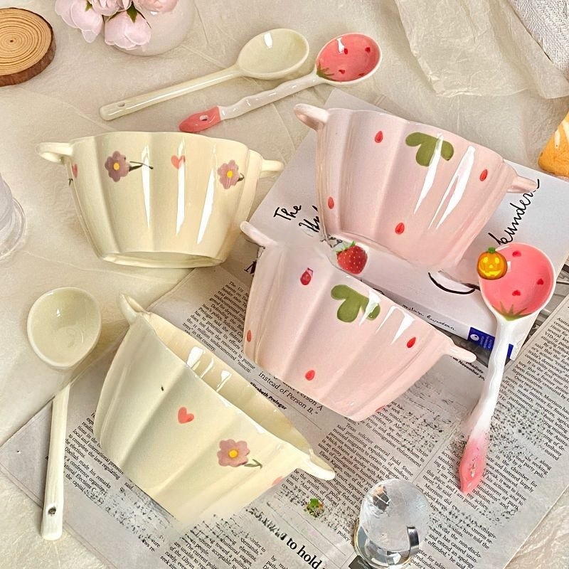 ชามซุปหูคู่ครัวเรือน เคลือบด้านล่าง สีชามเซรามิกสาวน่ารักหอพักชามบะหมี่กึ่งสําเร็จรูปที่มีมูลค่าสูงบนโต๊ะอาหารฝรั่งเศส