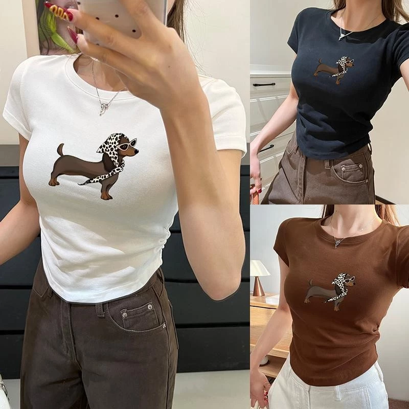 เสื้อที - เซ็ต ผู้หญิง, เสื้อแขนสั้น พิมพ์ลาย ยืดหยุ่น, เอวลอย, แฟชั่น น่ารัก เด็กสาว