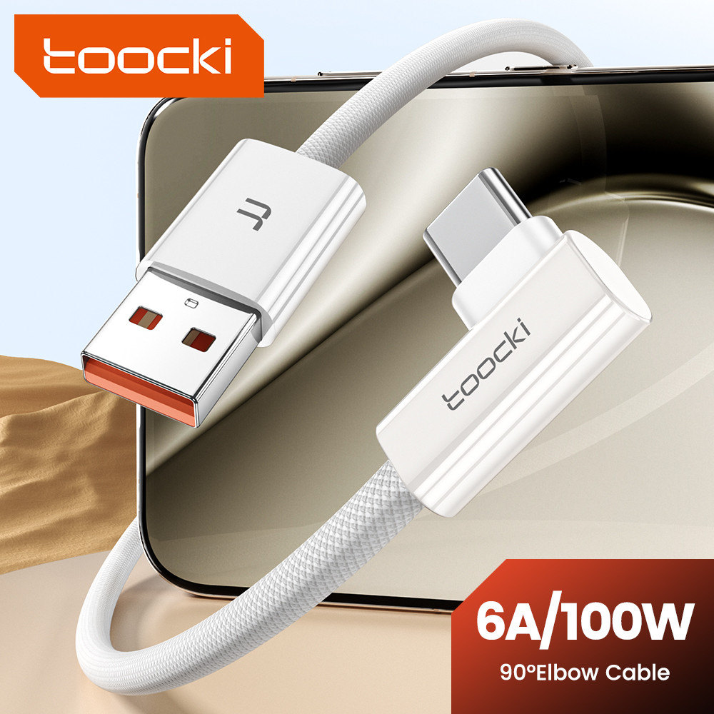 Toocki 100W AC 90 องศาข้อศอกวันที่สาย 6A Fast charging USB To Type-C สายชาร์จสําหรับ IPh15 เล่นเกม Transfer Data Charge สายถัก