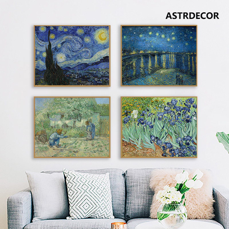 ภาพวาดผ้าใบ Van Gogh Starry Night รูปดอกทานตะวันสําหรับตกแต่งผนัง
