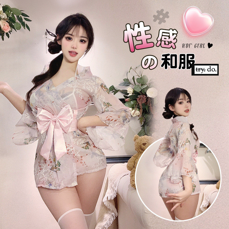 เสื้อคลุมอาบน้ํากิโมโนชุดเครื่องแบบพิมพ์โบว์ญี่ปุ่นเซ็กซี่สไตล์ญี่ปุ่นชุดนอนสไตล์ใหม่