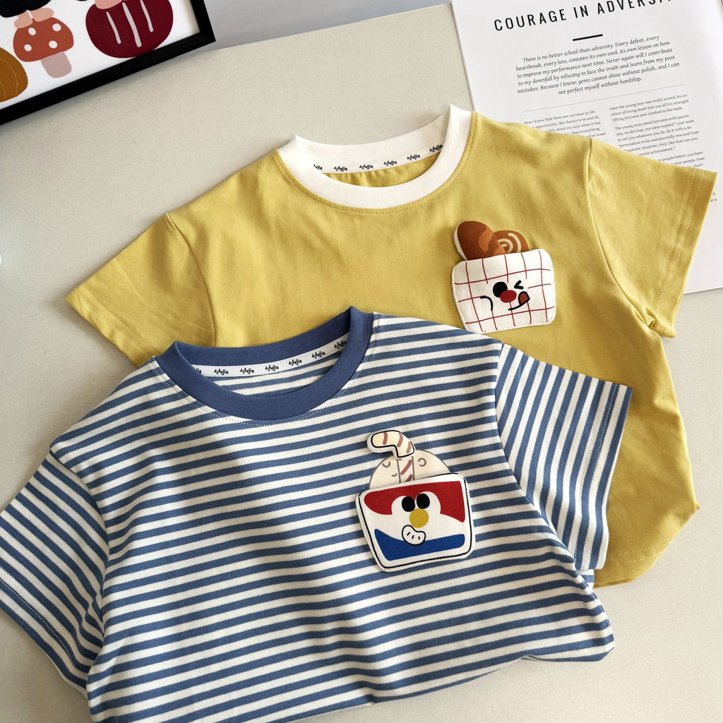 เสื้อยืดแขนสั้นเด็กผู้ชายฤดูร้อนสไตล์ใหม่เวอร์ชั่นเกาหลีผ้าฝ้ายแท้คอกลมแฟชั่นที่เรียบง่ายการ์ตูนลายสามมิติหล่อลําลอง คอมฟอร์ - รูปที่ 3