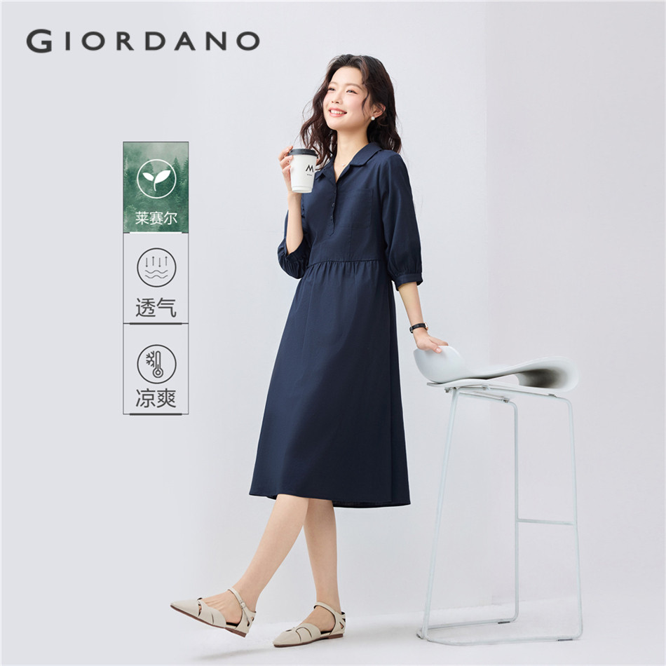 GIORDANO WOMEN V-neck collar tie waist elbow sleeve dress 05465079