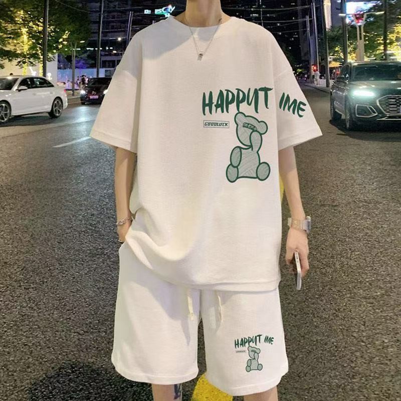 เซท2ชิ้นชายพิมพ์ลาย เสื้อยืด คอกลม แขนสั้น+กางเกงขาสั้น ผ้าวาฟเฟิล ลายหมี ผ้านุ่ม ใส่สบาย