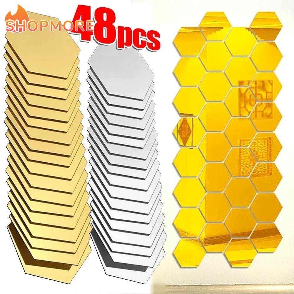 สติกเกอร์กระจกอะคริลิค รูปรังผึ้ง หกเหลี่ยม 3D สีทอง สีเงิน สําหรับติดตกแต่งผนังบ้าน ออฟฟิศ ห้องนั่งเล่น ห้องรับประทานอาหาร 48 24 ชิ้น