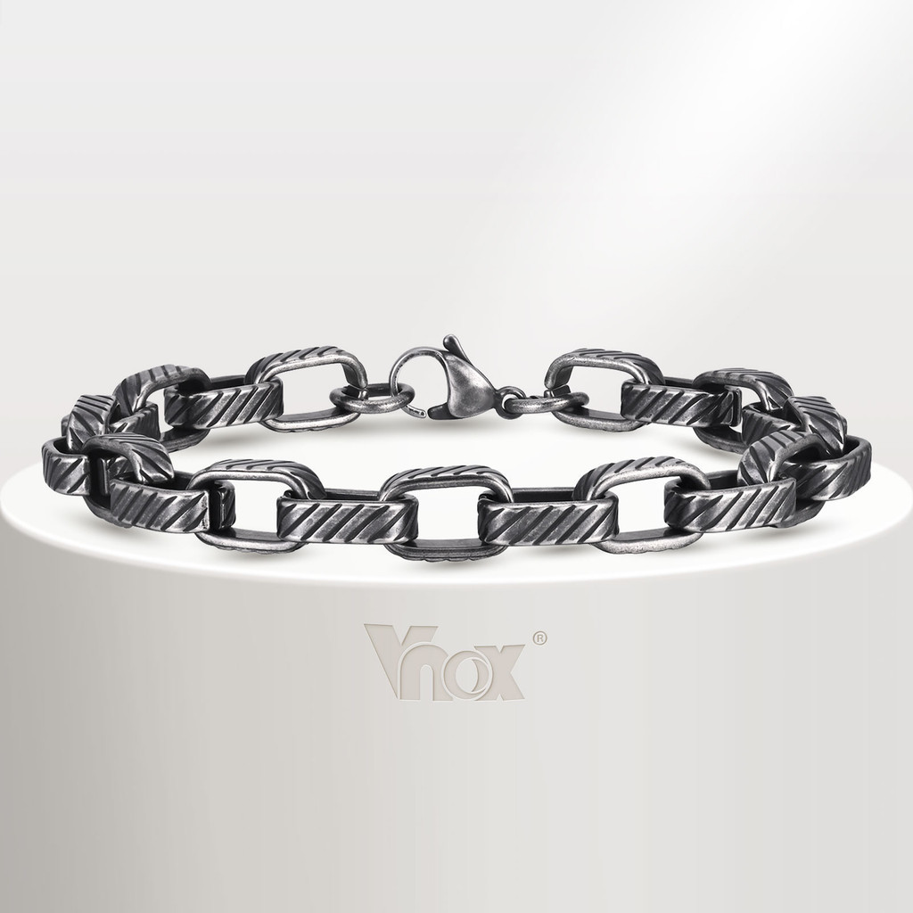 Vnox สร้อยข้อมือโซ่ สเตนเลส ทรงสี่เหลี่ยม สีเทา สไตล์ฮิปฮอป เรโทร เครื่องประดับ สําหรับผู้ชาย
