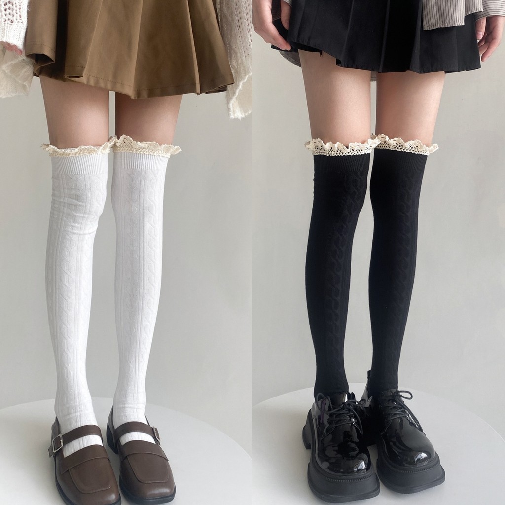 💖พร้อมส่งในไทย🧦ถุงเท้ายาวถึงเข่า JK ถุงเท้ายาวผ้าฝ้ายแท้ แต่งลูกไม้ สีทึบ นุ่ม สบาย
