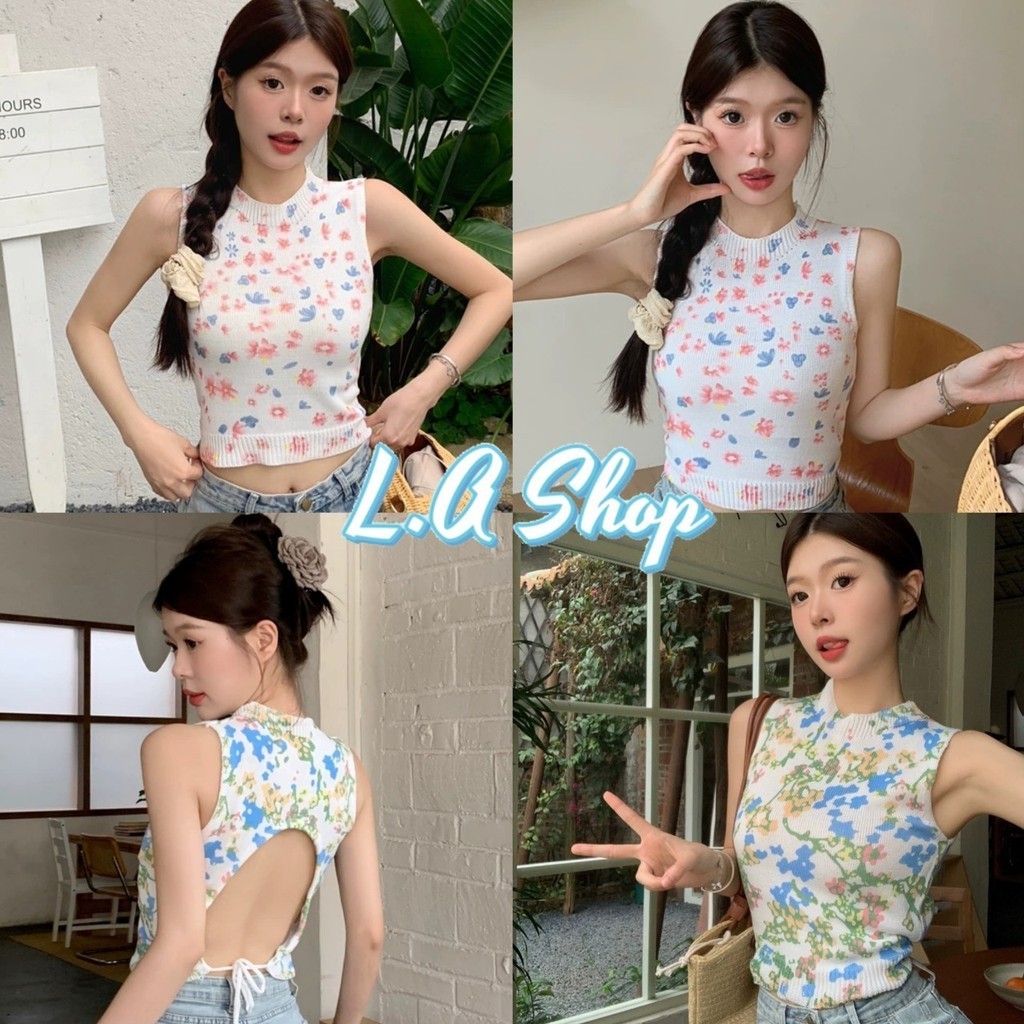 L.A Shop พร้อมส่ง  เสื้อครอปไหมพรม คอกลม แขนกุด เว้าหลัง ดีเทลลายดอกไม้ "Y2701"