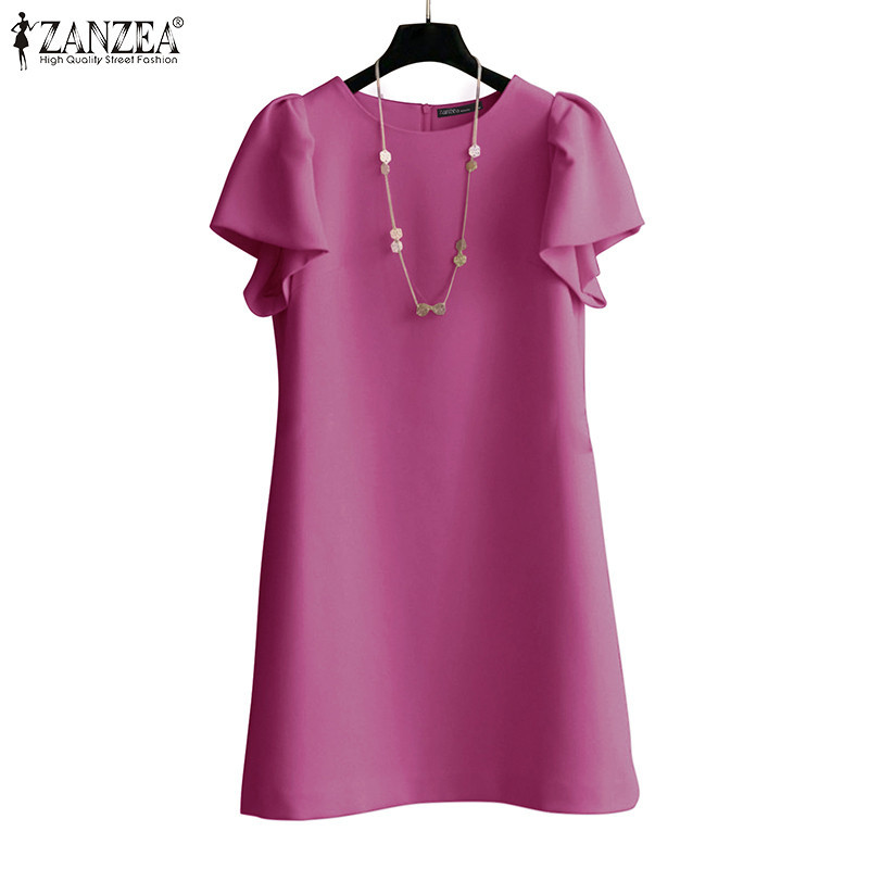 Zanzea ชุดเดรส คอกลม แขนพัฟ ทรงหลวม สไตล์เกาหลี สําหรับผู้หญิง