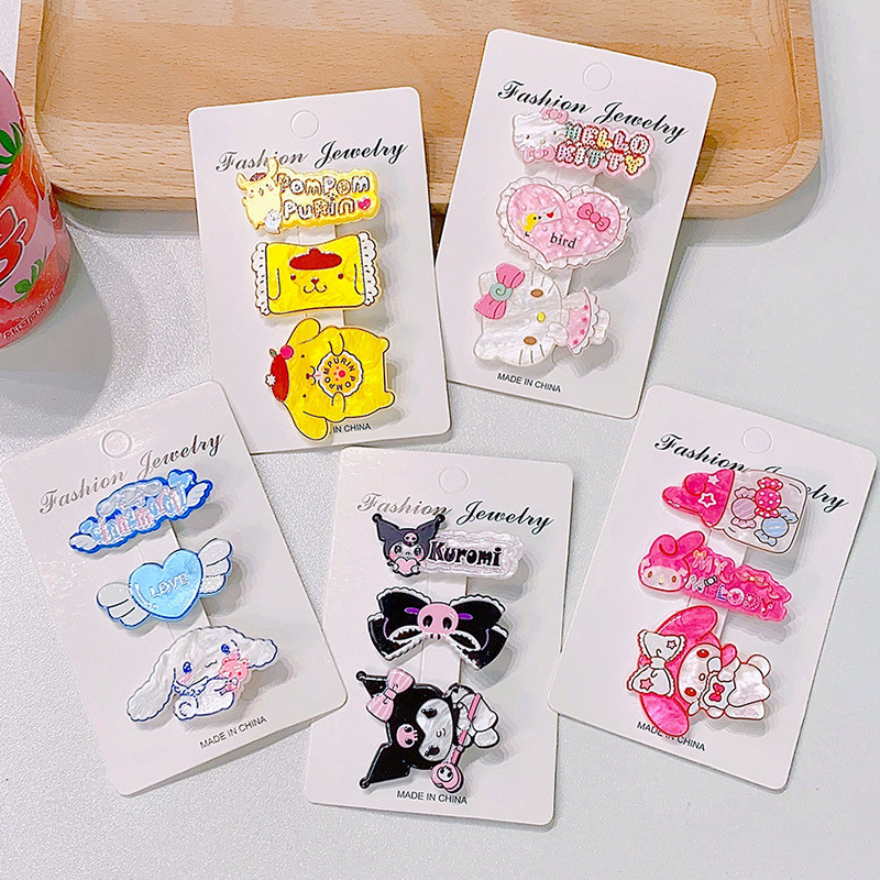 SANRIO กิ๊บติดผม รูปการ์ตูน Hello Kitty น่ารัก แฮนด์เมด เหมาะกับของขวัญ สําหรับตกแต่งผมเด็กผู้หญิง จํานวน 3 ชิ้น ต่อชุด