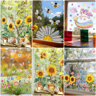 สติกเกอร์ติดผนัง ลายดอกทานตะวัน ผีเสื้อ มีกาวในตัว หลากสี สํ…